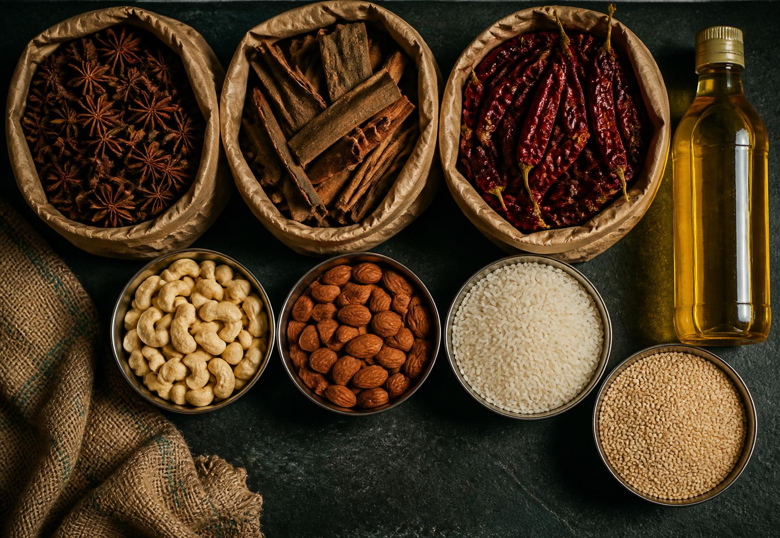 Bulk spices, nuts, rice and cooking oil laid out for wholesale supply